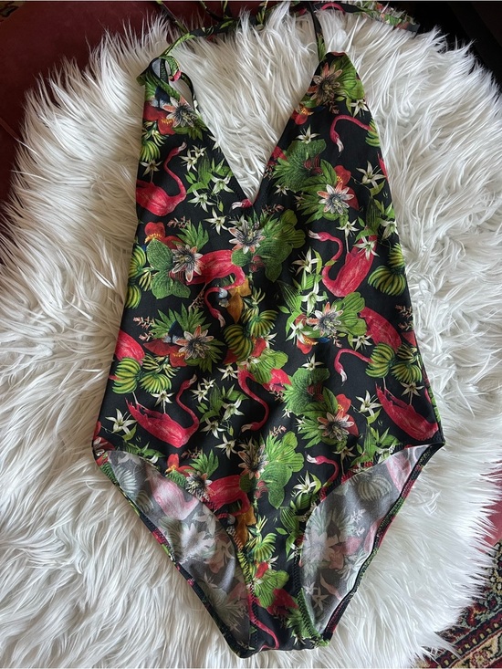 Other - Tropical Flamingo One Piece Swimsuit Black Floral Jungle Print Tie Back M